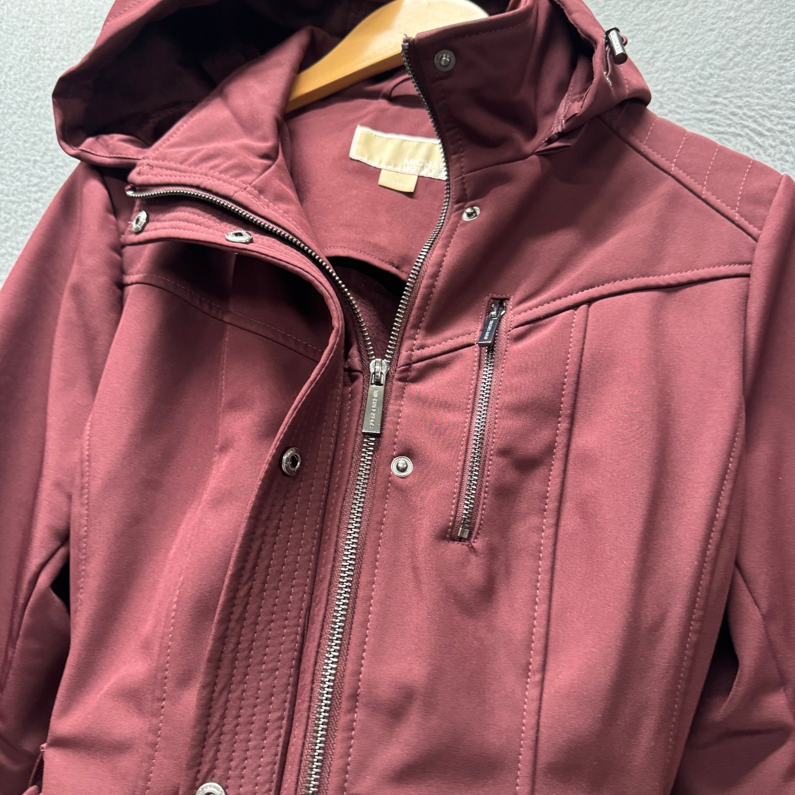 Michael Kors Softshell Jacket Womens Large Belted Hooded Burgundy Trench Coat