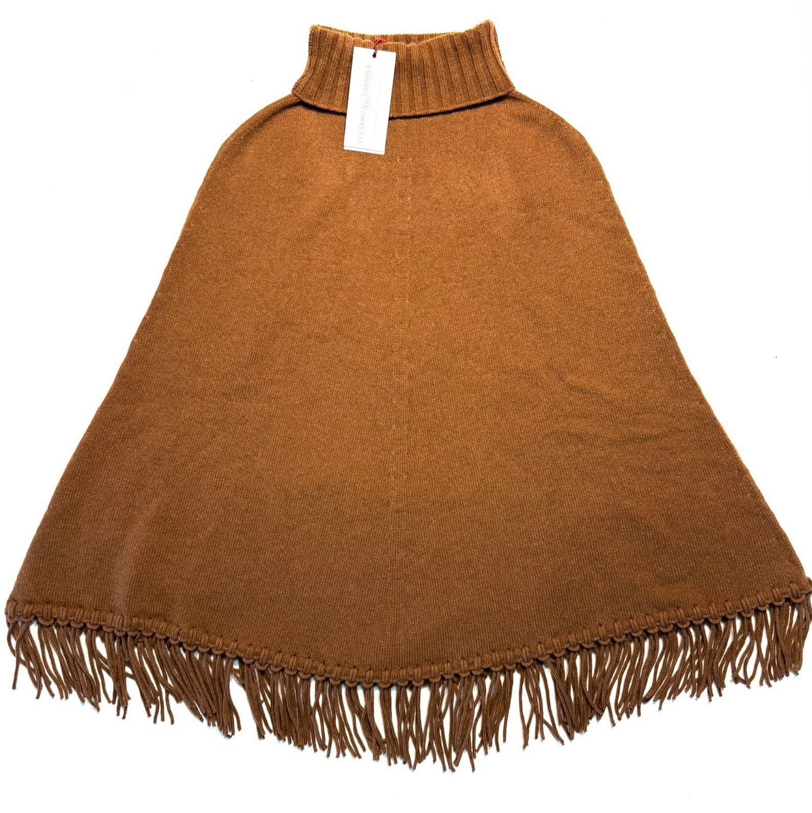 LUCIANO BARBERA Womens Cashmere Fringed Poncho Cape Caramel Brown (MSRP $1,195)