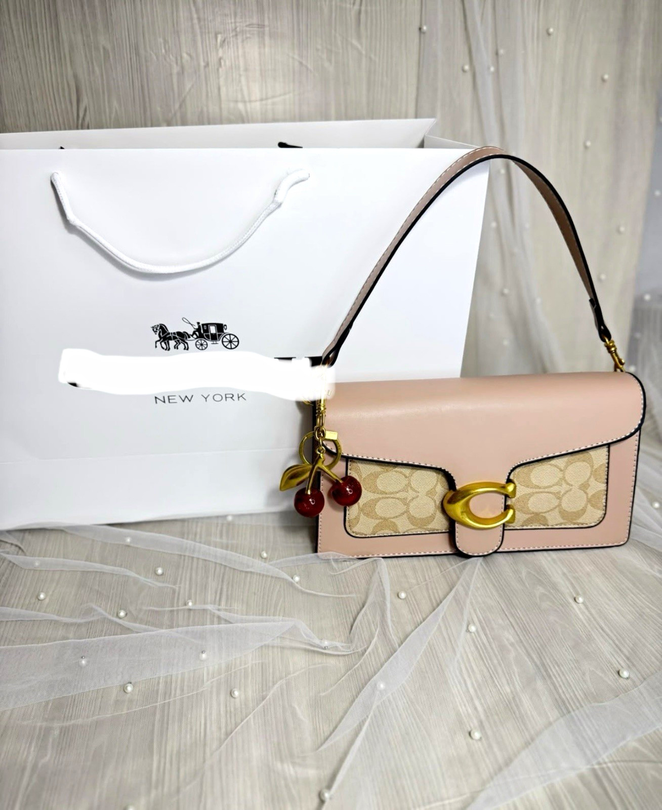 Coach Signature Logo Pink Beige Small Shoulder Bag Zip w/Cherry Charm