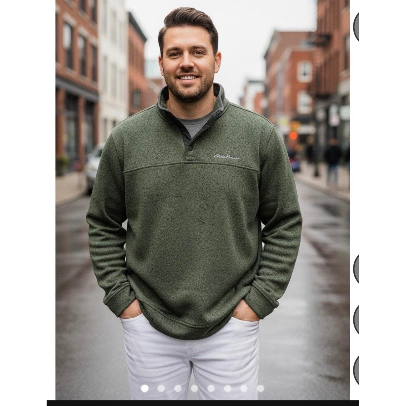 Eddie Bauer Mens XL Green Marled Snap Mock Neck Fleece Pullover Sweater