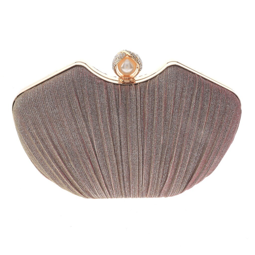 Gold Tone Metal Hardware Frame Champagne Glitter Fabric Evening Clutch Bag TL…