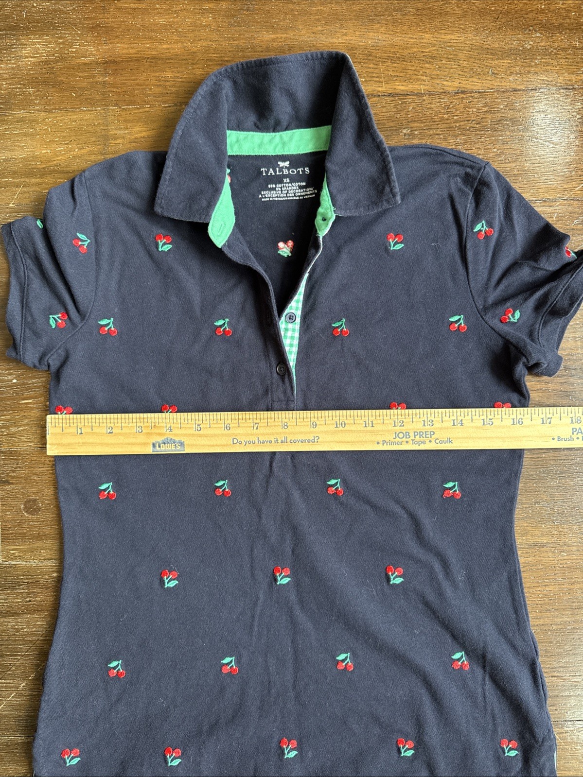 Talbots Navy Polo W/embroidered Cherries, Green Gingham Collar Accent, XS