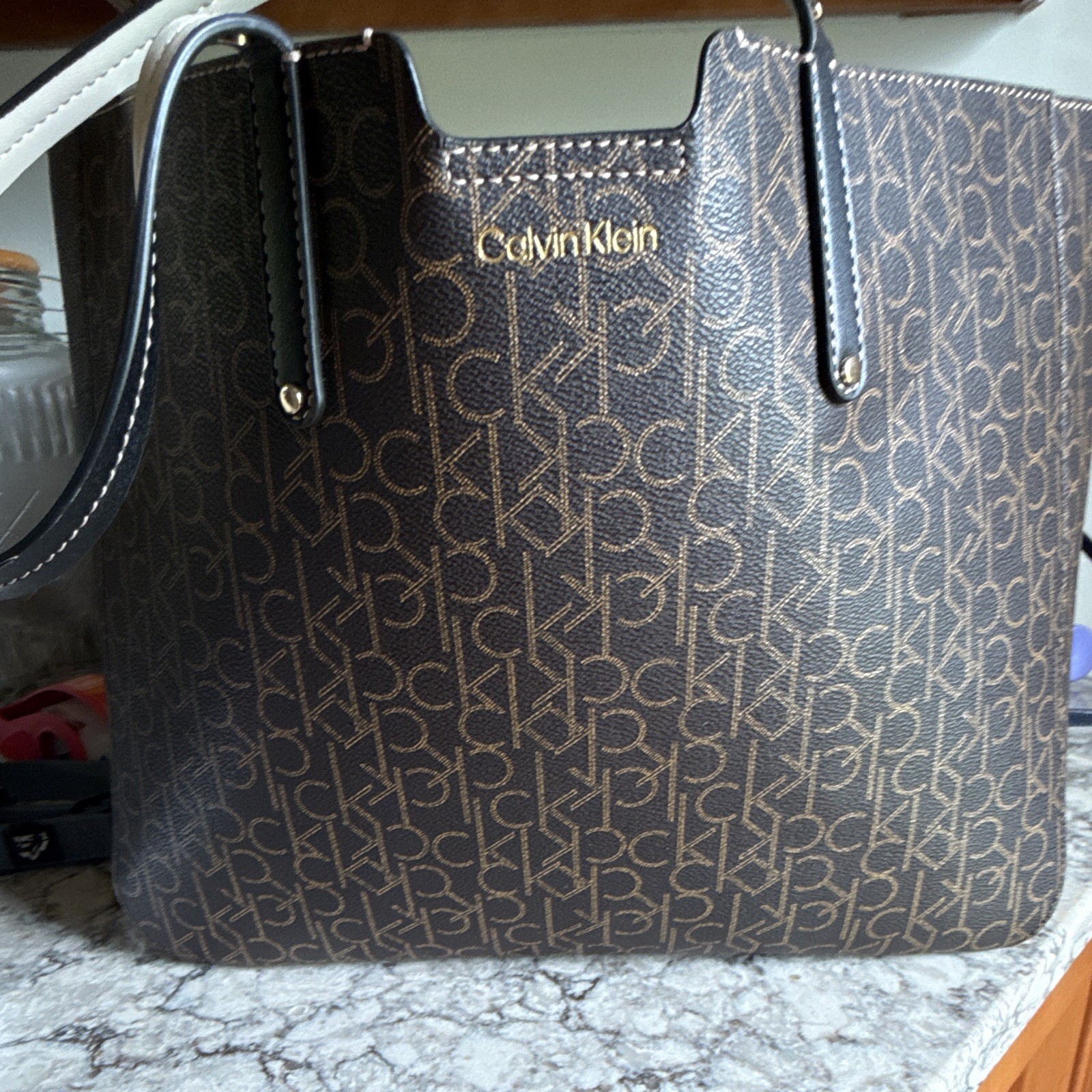 Calvin Klein Women’s Monogram Tote Bag Brown Black Large w/ Detachable Strap