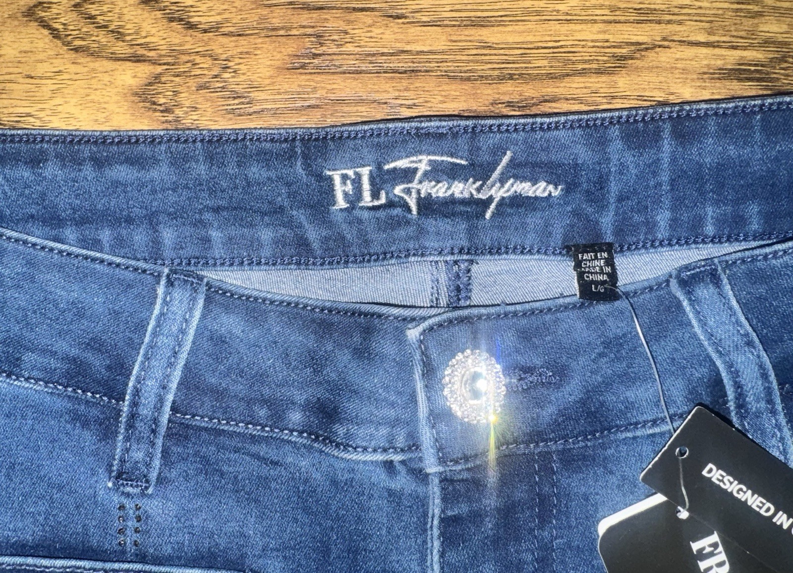NWT Frank Lyman 256797U Blue Cropped Wide Leg Jeans Rhinestone Hem Womens Size L
