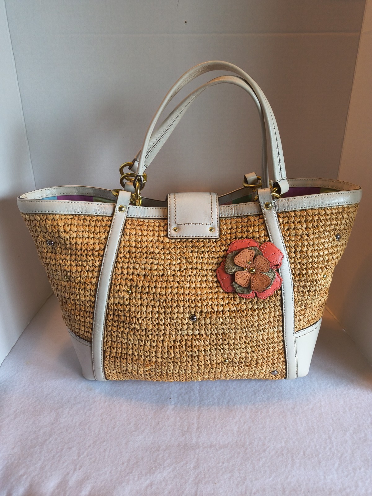 Coach Hampton Floral Tote Purse Straw White Pink L1169-19347