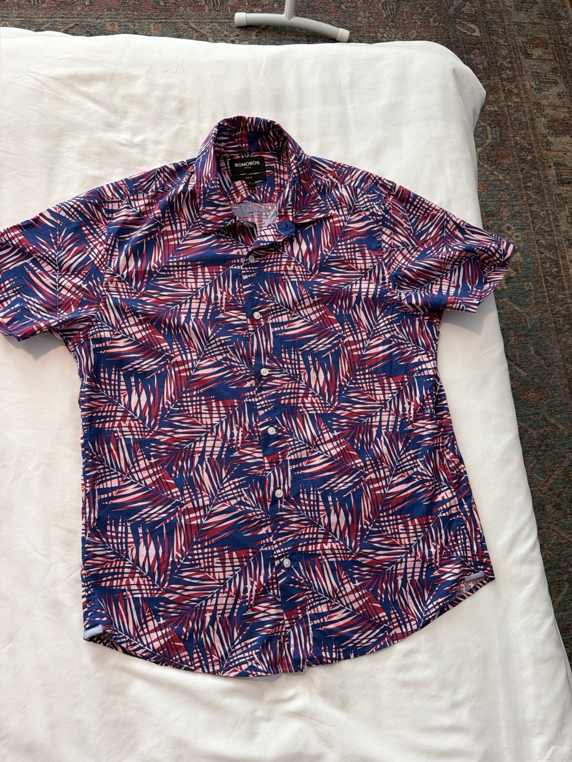 Bonobos Stretch Mens Large Slim Fit Button Down Red Blue Geometric Short Sleeve