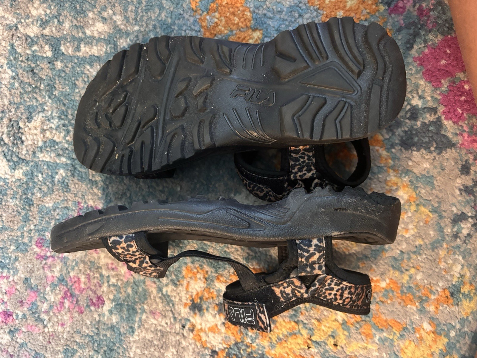 FILA Unisex Kids US 9 Black Leopard Strappy Sandals Adjustable Hook & Loop