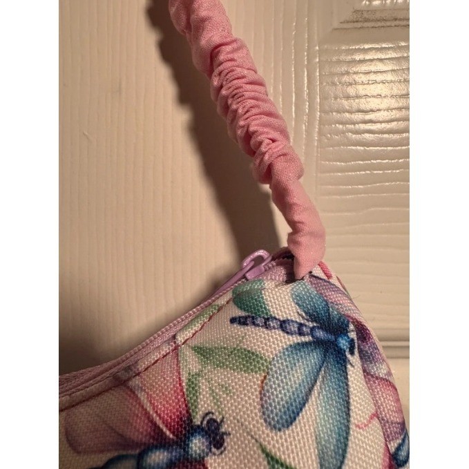 Garden Inspired Shoulder Bag Small White Pink Dragonfly Floral Print Clutch