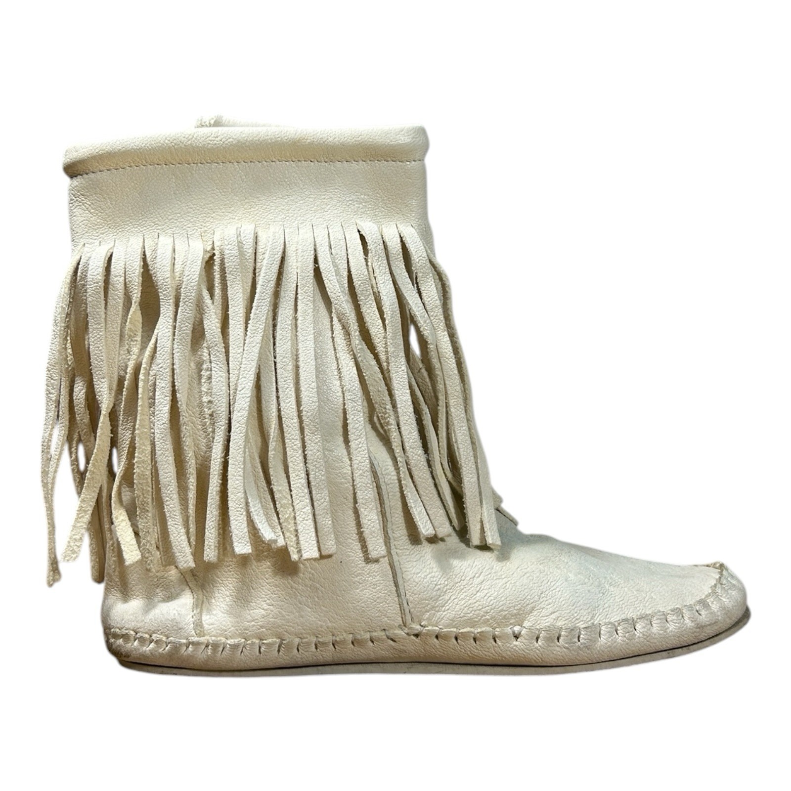 Taos Cream Leather Fringe Moccasin Boots & Pouch Set Womens Size 8