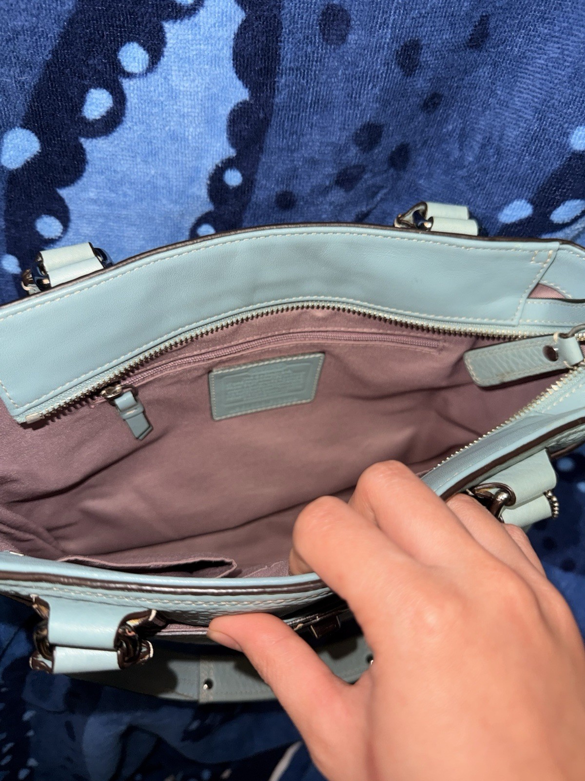 Coach Light Blue Pebbled Tote Zip Top Turn Lock Pink Lining, Charm, Medium