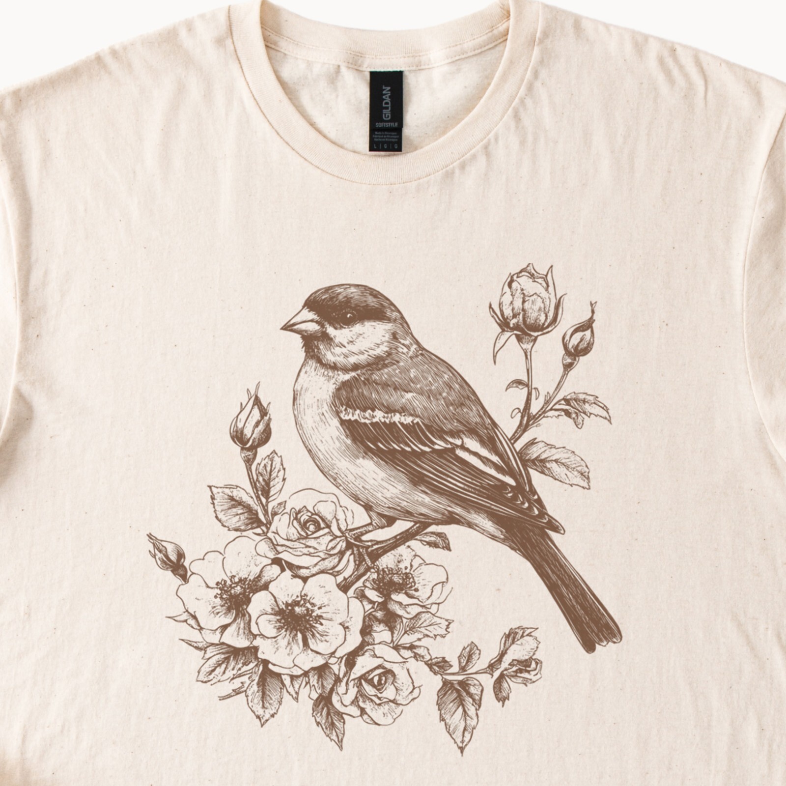 Bird and Floral Sketch Tee Sparrow Graphic T-shirt Nature Shirt