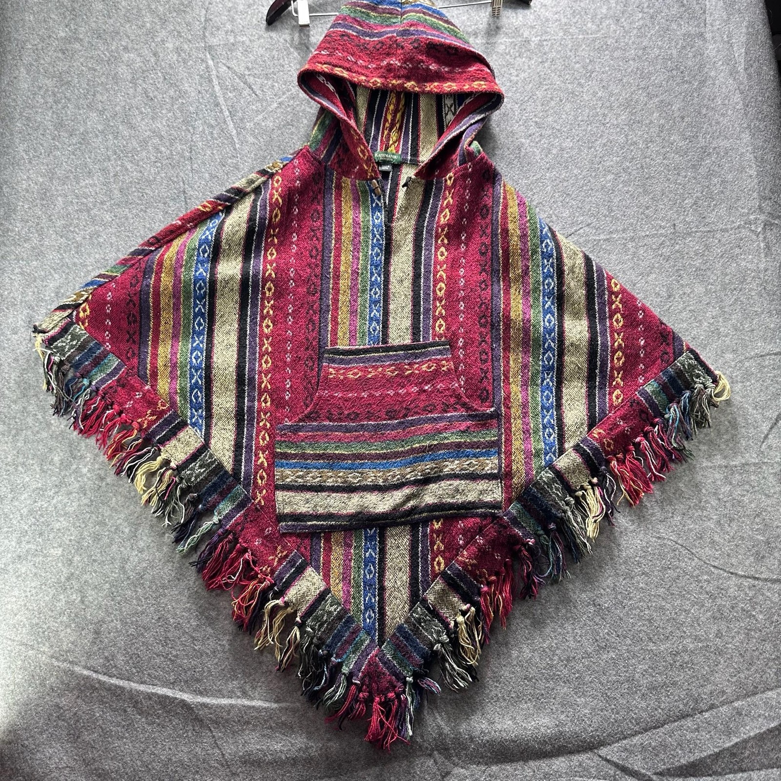 Kathmandu Imports Poncho Mens One Size Multicolor Hooded Striped Fringe Boho