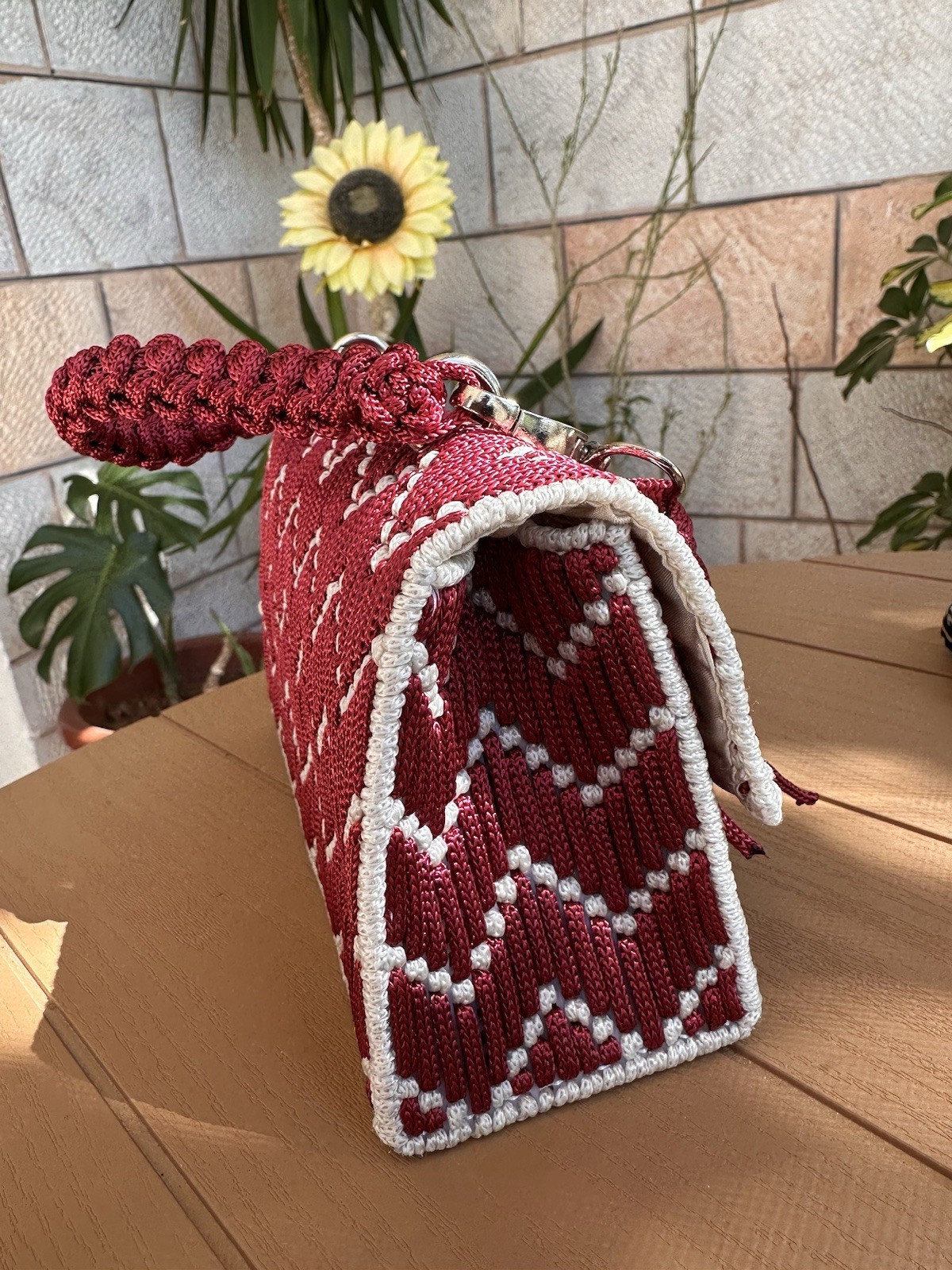 Handmade Macrame Handbag Burgundy & Cream | Artisan Woven Purse | One of a Kind