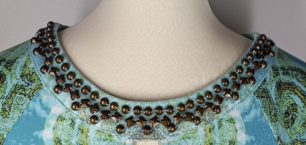 Chico’s 3 Blue Beaded Collar Keyhole Cold Shoulder Long Sleeve Knee Length Dress