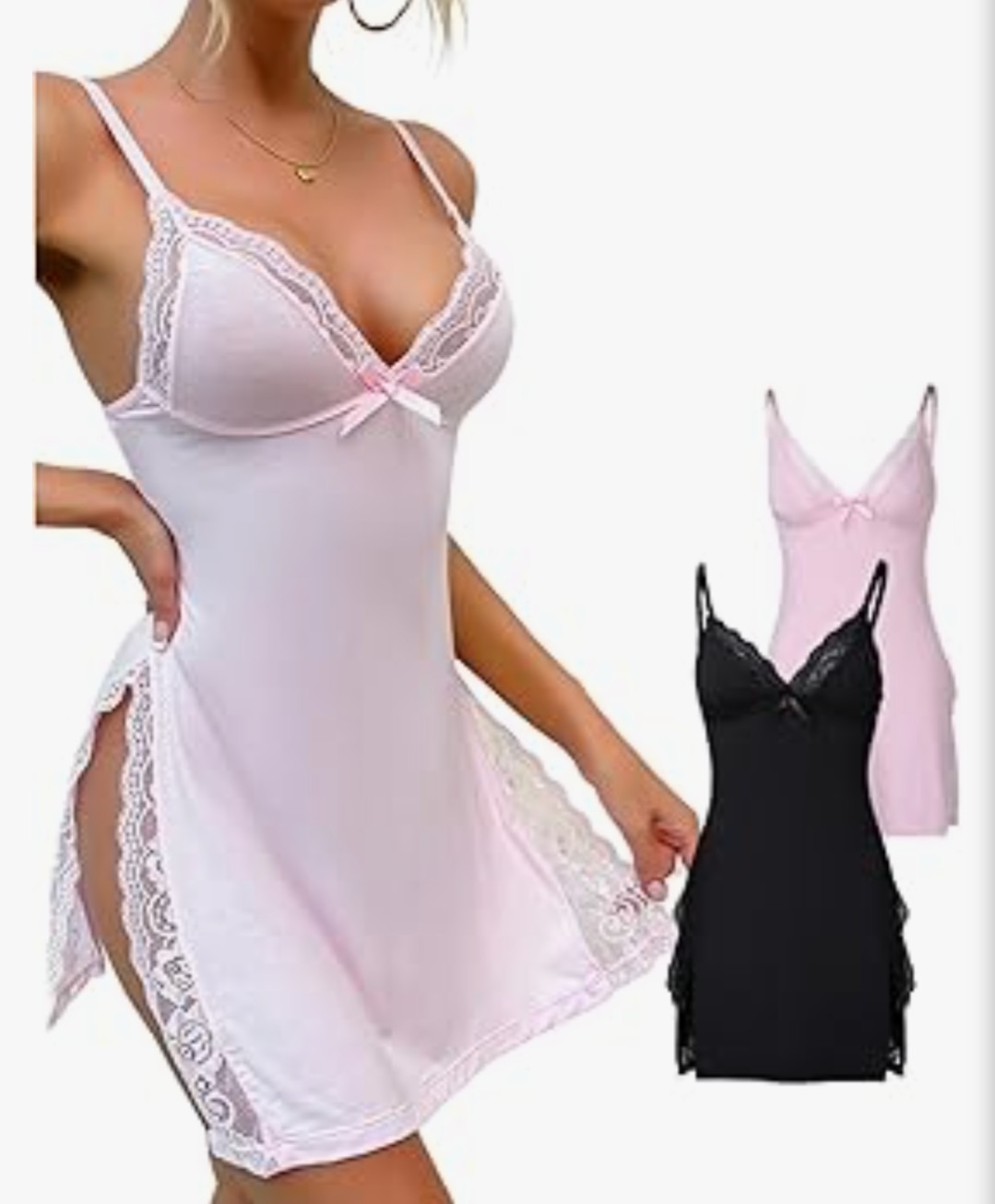 WOMEN’S 2PCS LACE TRIM SIDE SLIT MODAL CAMI SLEEP DRESS LOUNGE WEAR