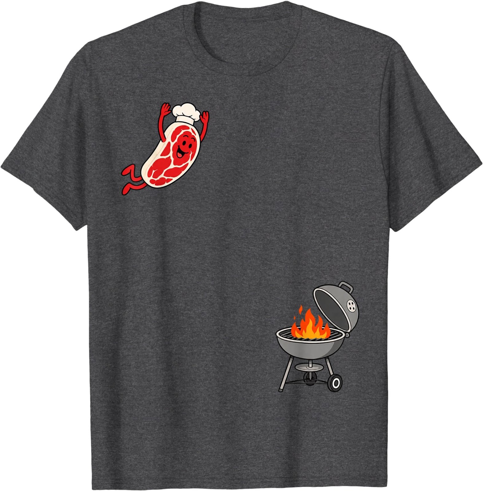 Funny Chef Steak Jumping Into BBQ Grill Cartoon T-Shirt