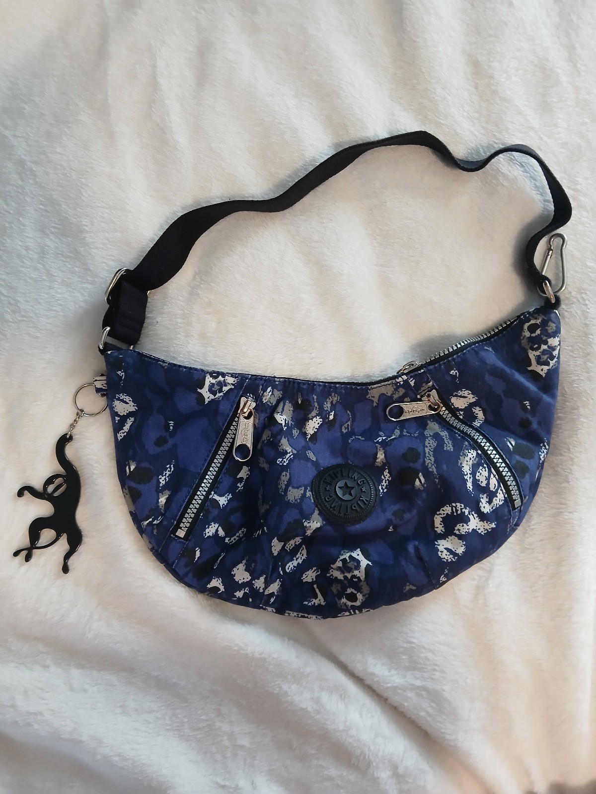 Kipling Blue Black Pattern Shoulder Crescent Bag With Monkey Keychain