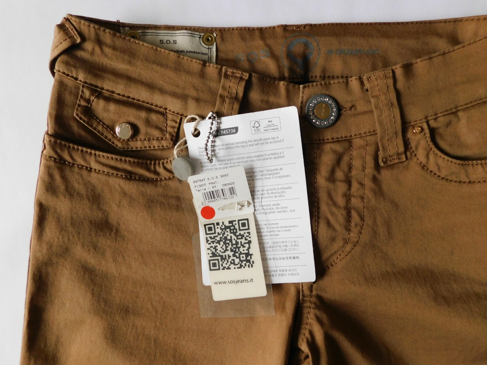 SOS BY ORZA STUDIO LOW RISE JEANS SIZE 27, in bronze