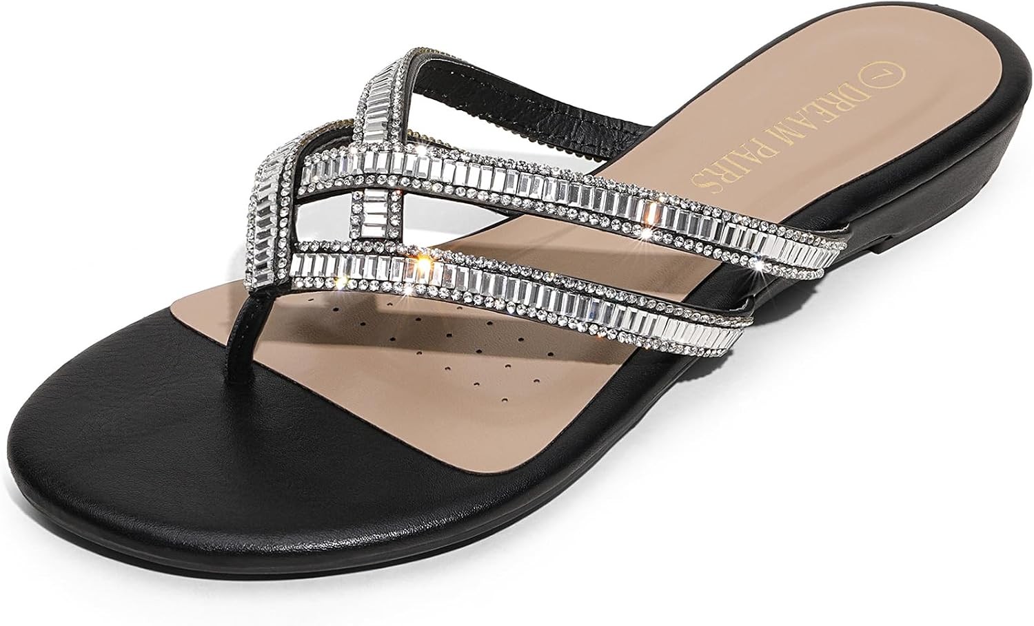 Women’S Rhinestones Flat Slides Sandals | Flip Flop Slip on Slides T-Strap Spark