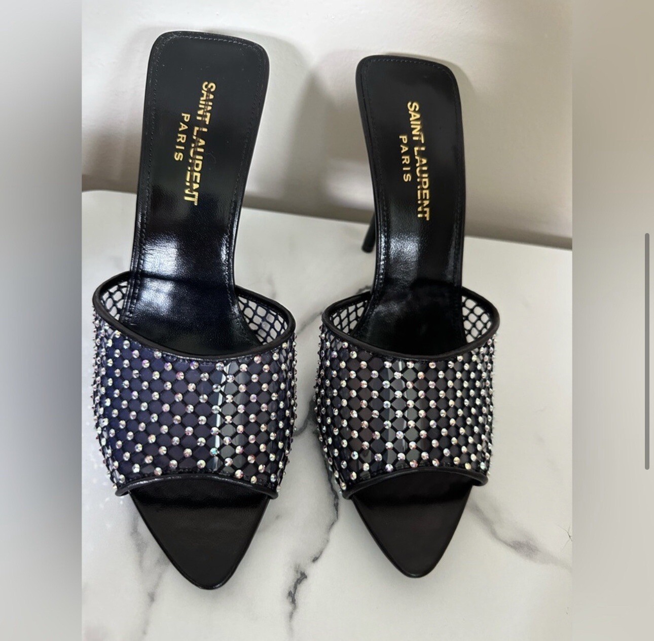 SAINT LAURENT Disco crystal-embellished mesh, PVC and leather mules