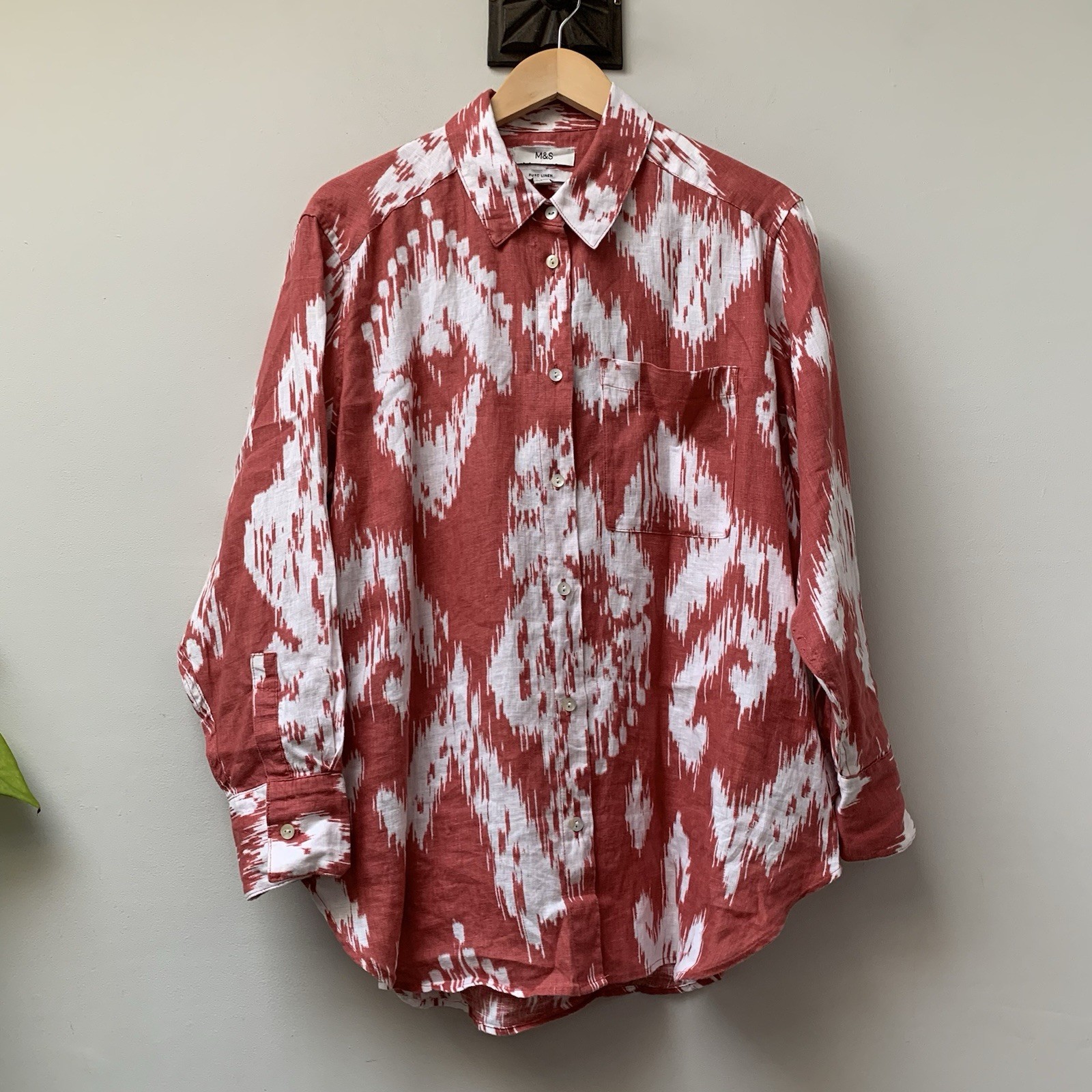 M&S 100% Linen Shirt Top Blouse UK 18 Patterned Oversized Long Sleeve Loose Fit