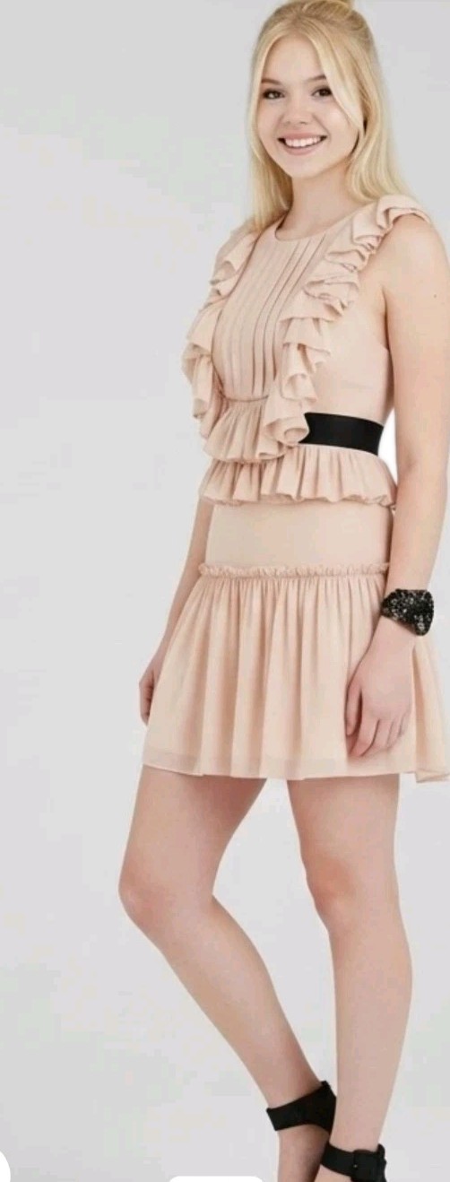NWT BCBG MAXAZRIA SIZE 4 Britt Bare Pink Pleated Ruffle Back Cage Mini Dress