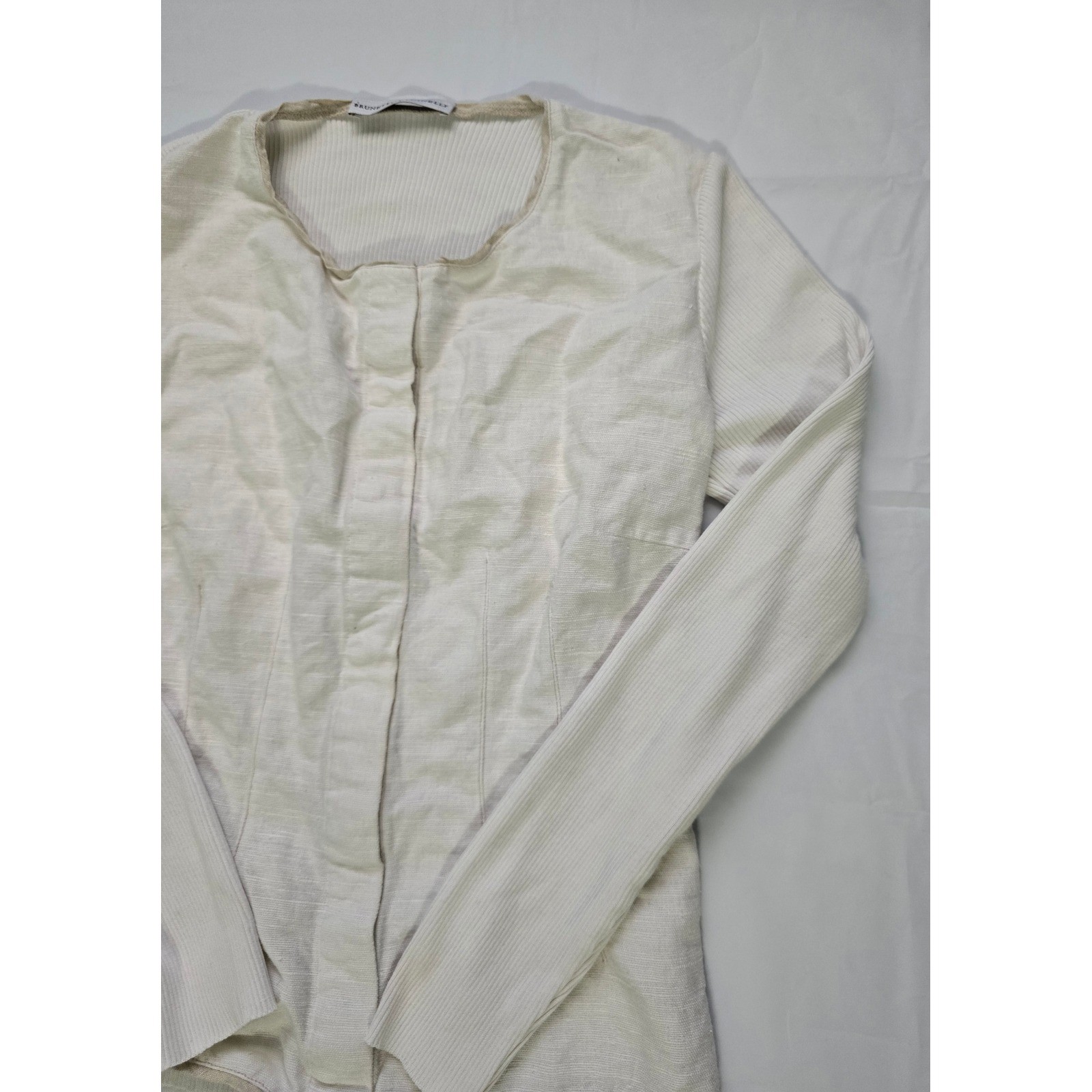 Brunello Cucinelli Cream Mixed Media Hook Eye Front Long S Top Small Cotton&Silk