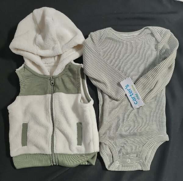 Carters Child Of Mine Baby Boy’s 6-9 Months Olive Green Fleece Vest & Snap Shirt