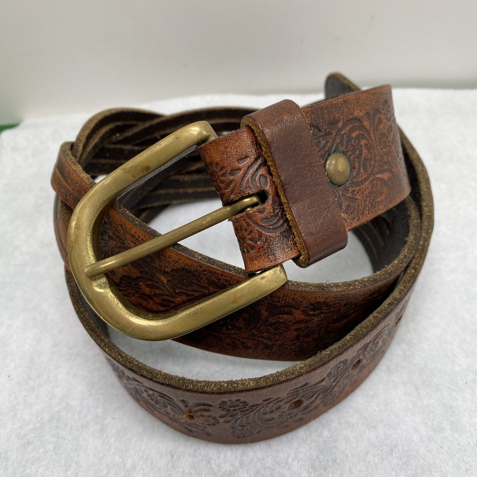 Leather Western Belt Braiding Tooling Detail ~ Brass Buckle Flowers ~40 Inches