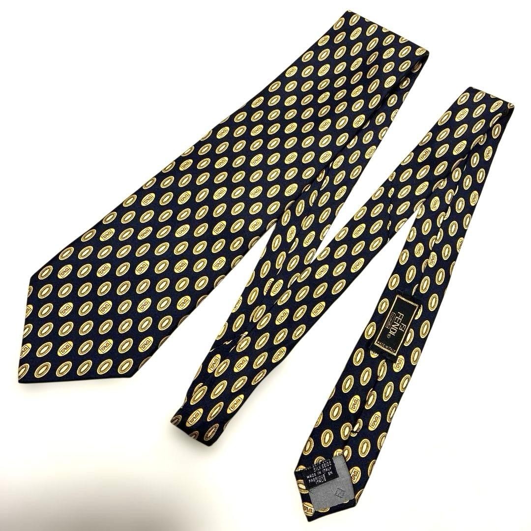 FENDI Zucca Pattern Navy Silk Tie Oval Classic Lux Used