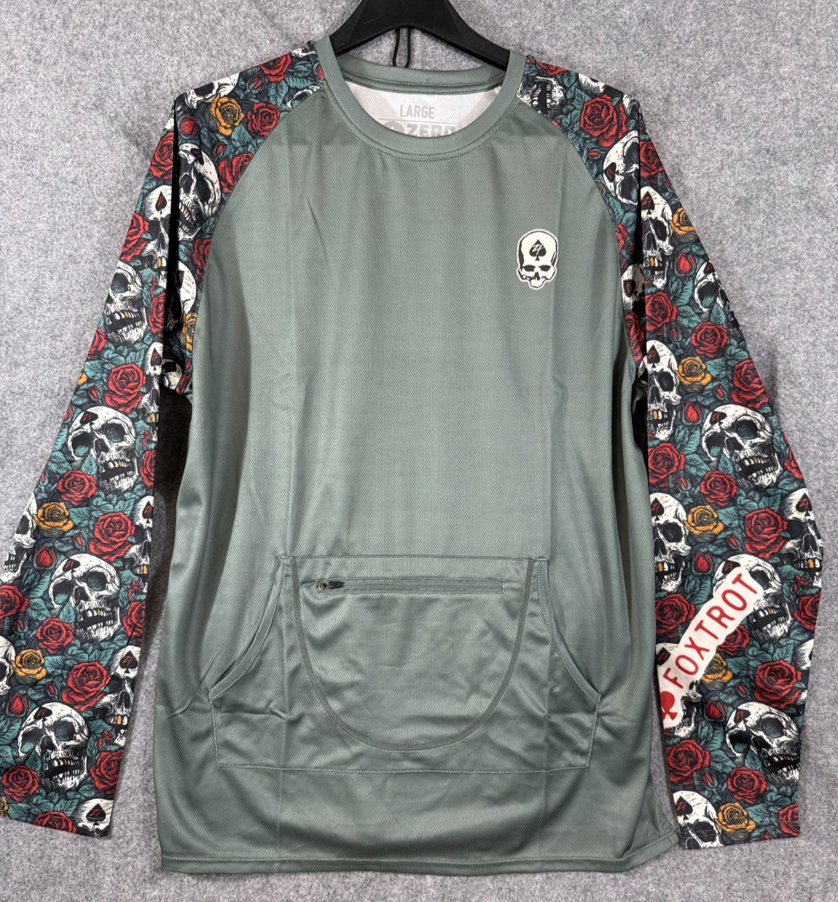 Zero Foxtrot Performance Shirt Mens L Green Skull Roses Crew Rash Guard NWOT