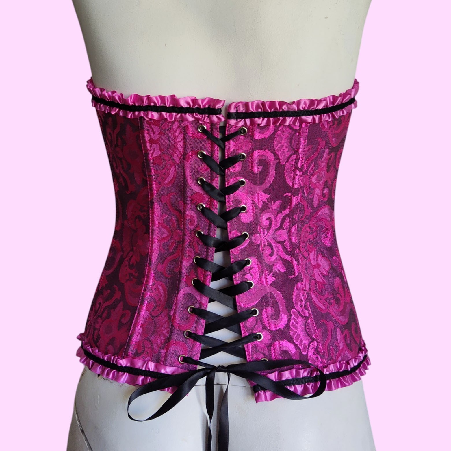 Ribbon Lace Back Over Bust Boned Corset Top Ruffle Regency Goth Damask Sz S