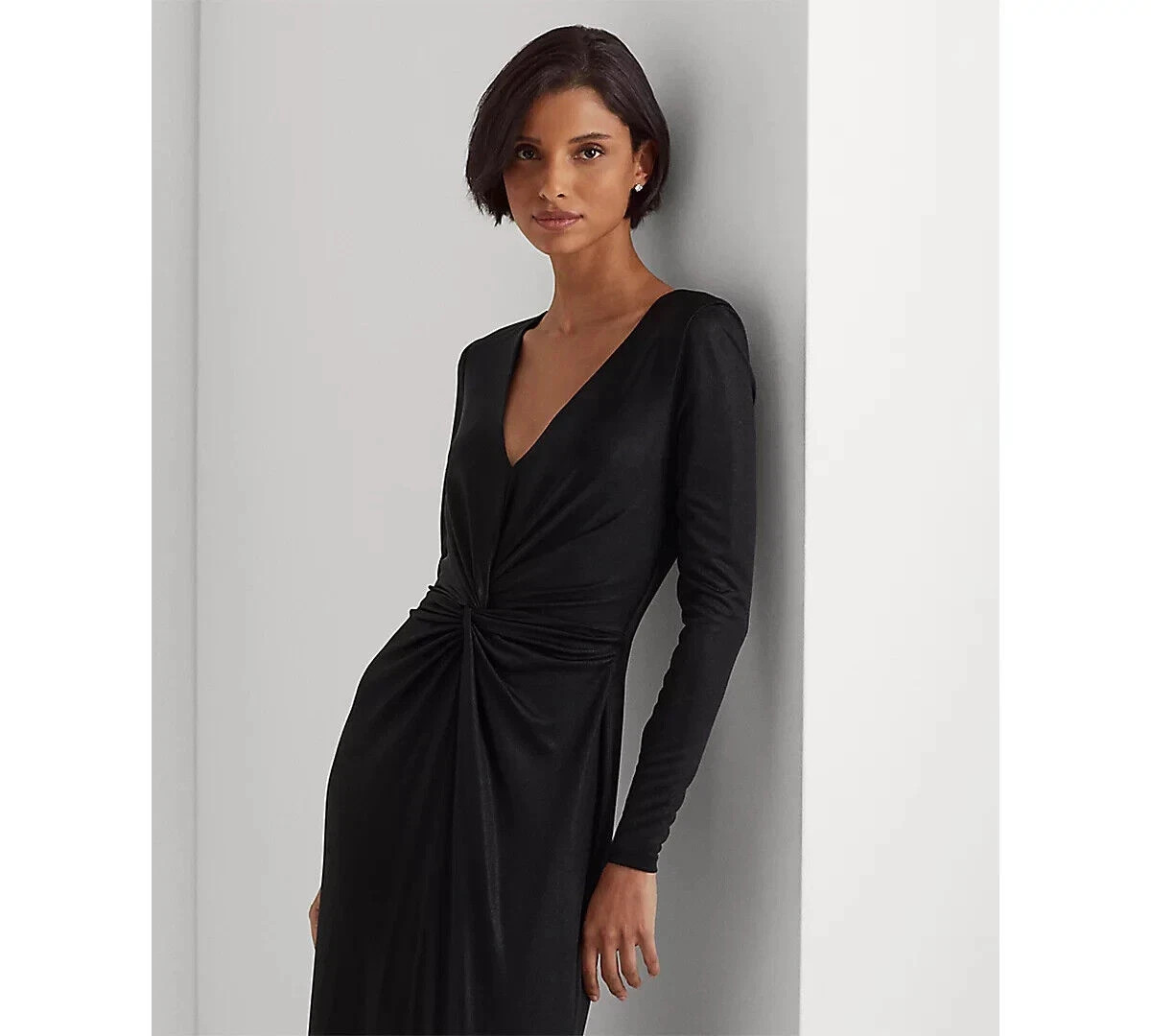 NWT $285 Lauren Ralph Lauren Twist-Front Long Sleeves Foil-Print Jersey Gown 6
