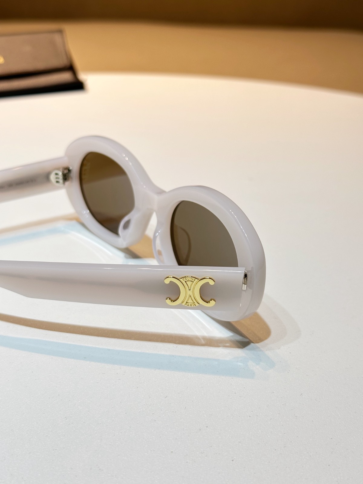 Celine Triomphe Oval Sunglasses Off-White Acetate Gold Logo Designer Chic