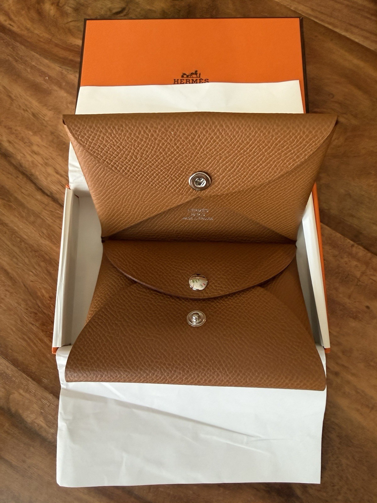 NEW Hermes Calvi Card Holder Case Caramel Chèvre Mysore Leather Brown