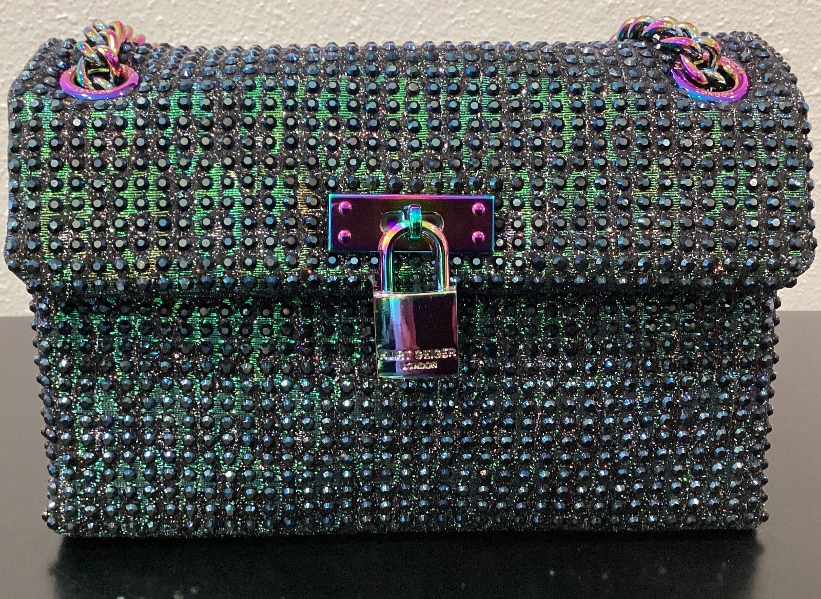 Kurt Geiger Mini Brixton Iridescent 8″x5.5″x2.25″ Lock Metallic Fabric Crystals