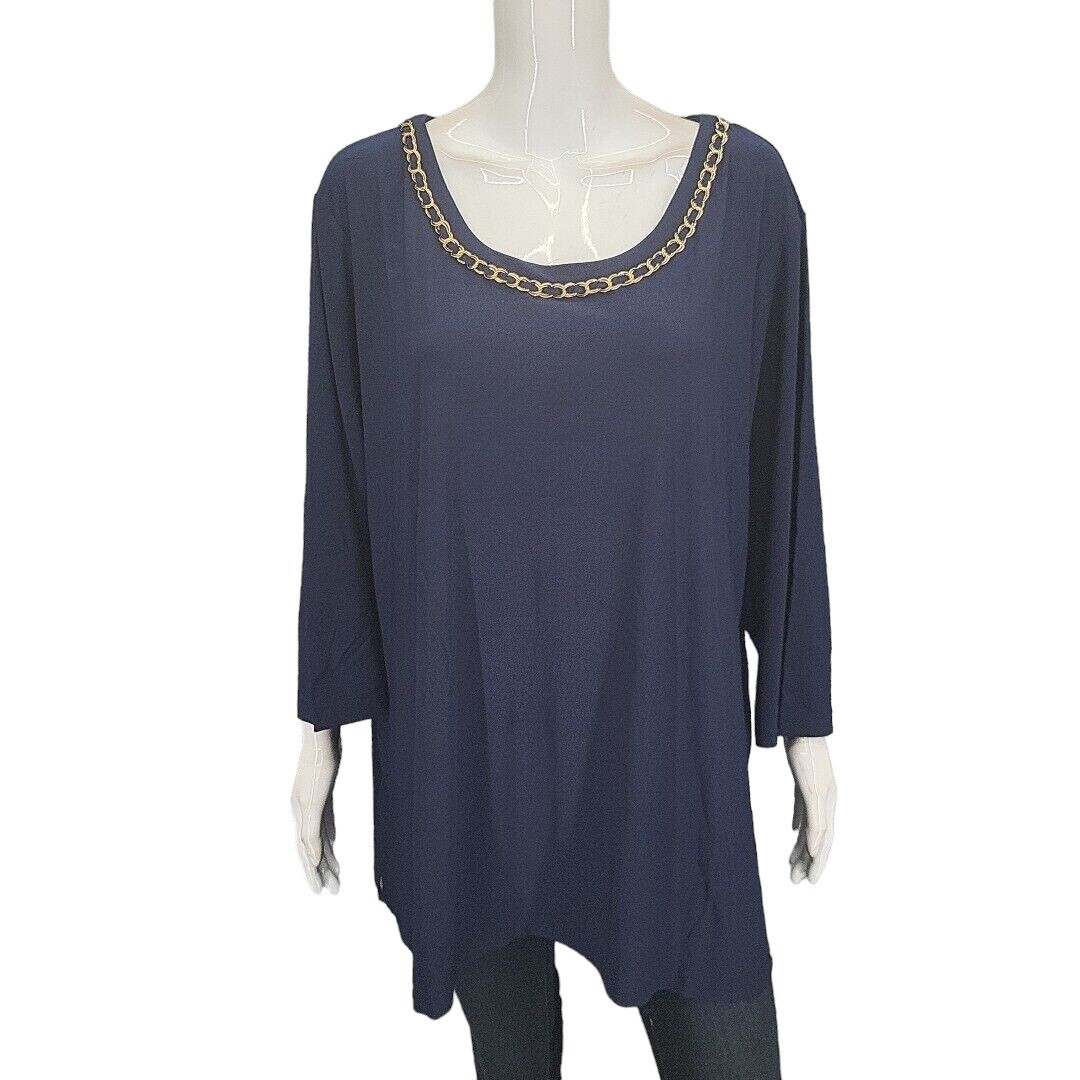 Dennis Basso Women’s Top with Chain Trim 3X Plus SIze Navy Tee Shirt