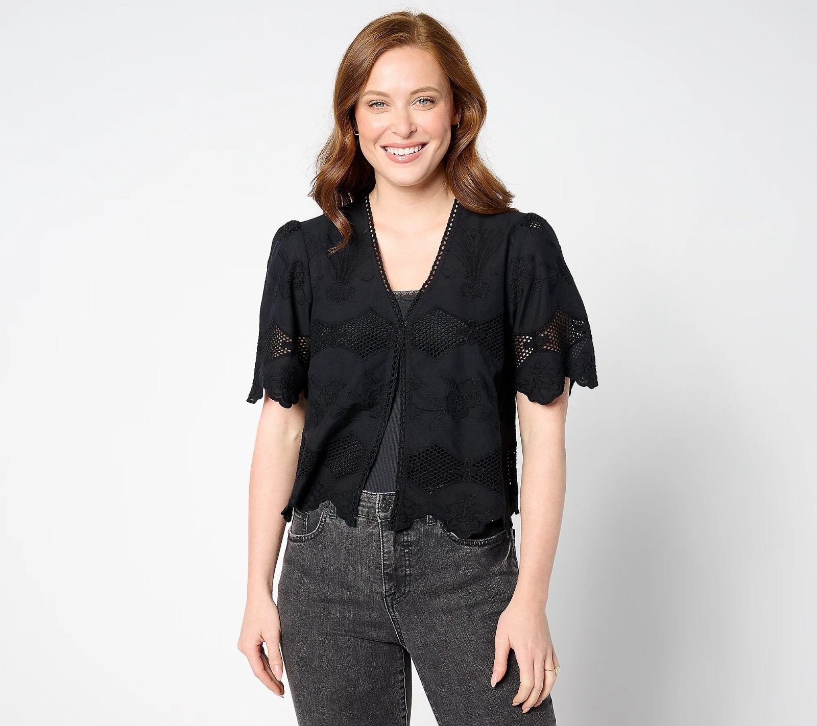 LOGO Lavish by Lori Goldstein Eyelet Lace Cropped Jacket Womens XXS Black NEW