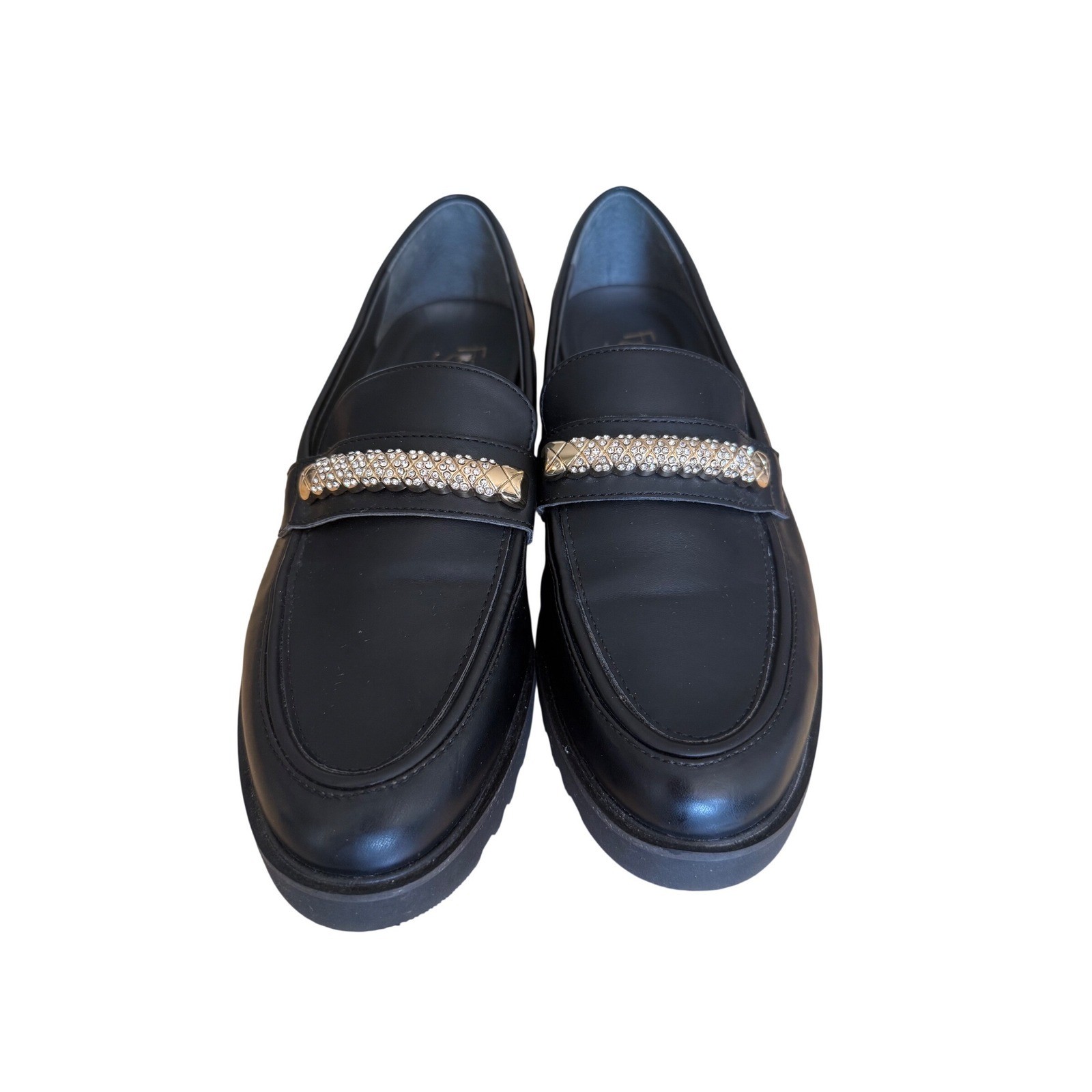 Franco Sarto Carol Bling Black Lug Sole Rhinestone Chain Loafers Mens 7.5M