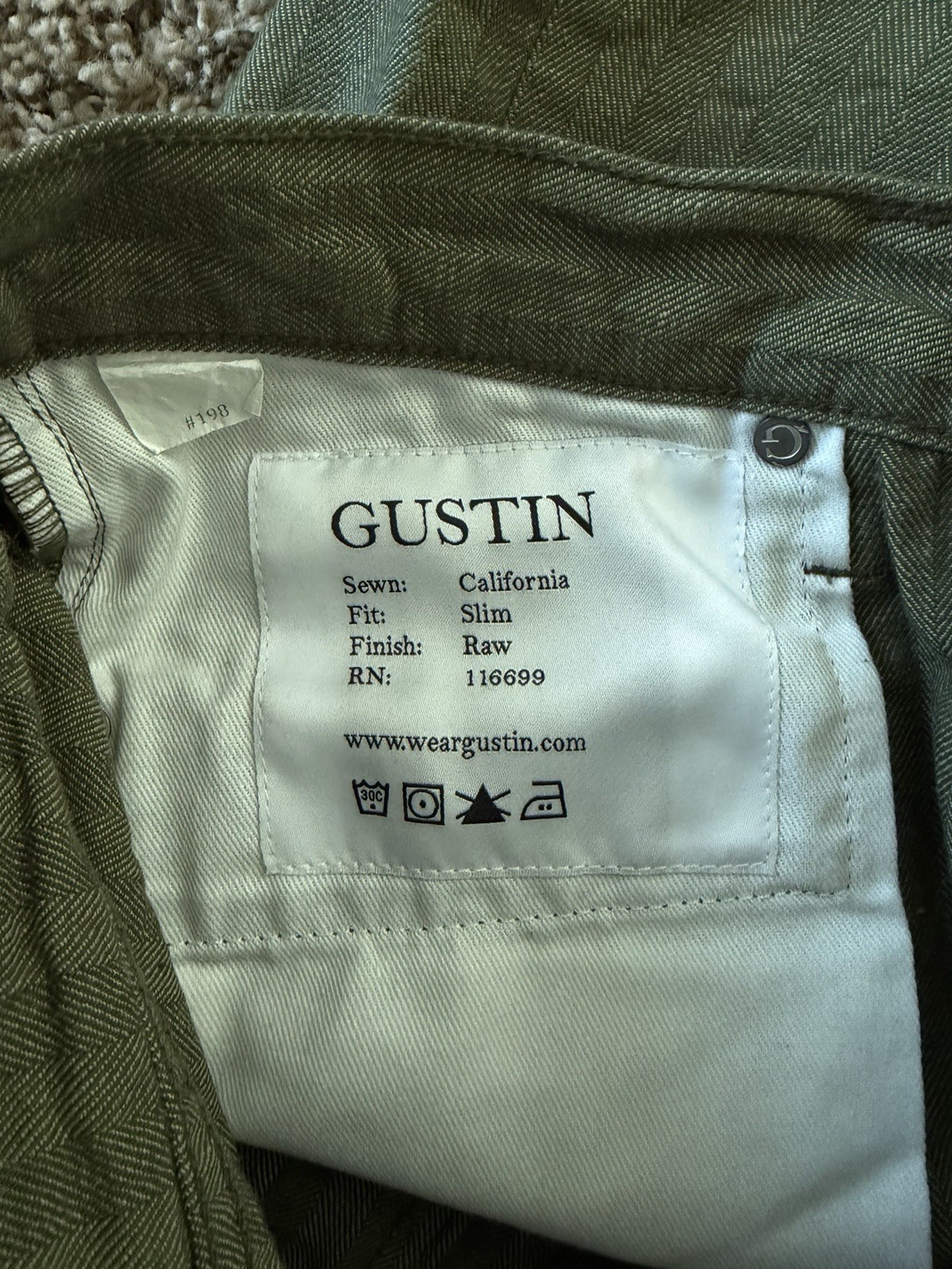 Gustin #198 AMERICAN BEDFORD CORD 5 POCKET GREEN MENS 35 Slim Fit PANTS
