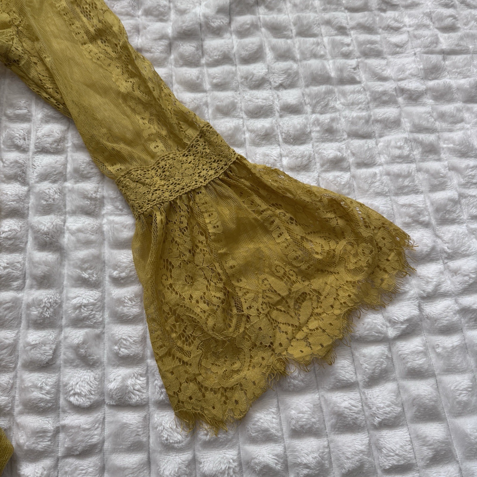Medium Golden Mustard Yellow Sheer Lace Kimono Duster Long Bell Sleeves Boho