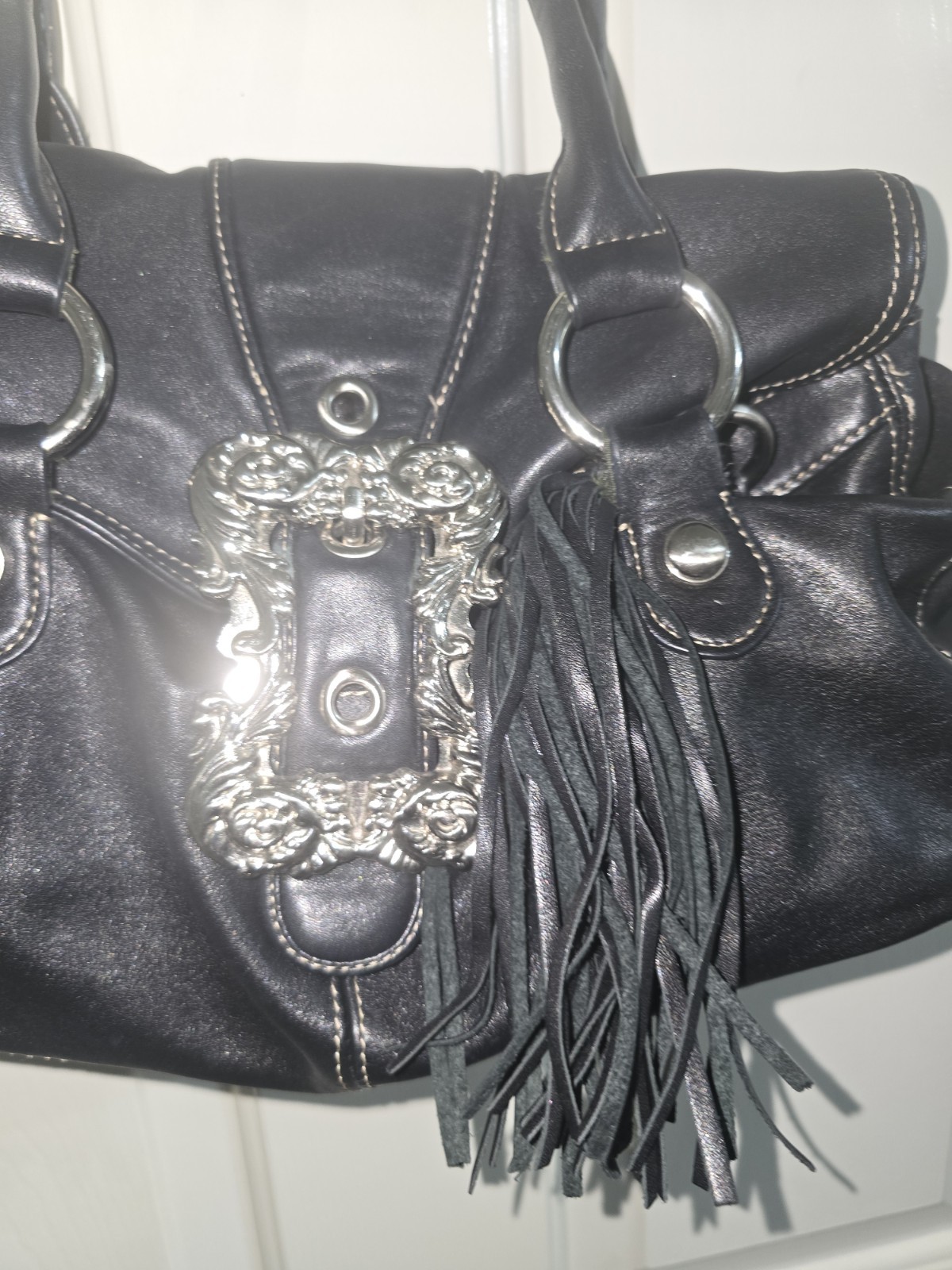 B. Makowsky Black Medium Shoulder Bag Buckle Tassel Silver Hardware Paisley