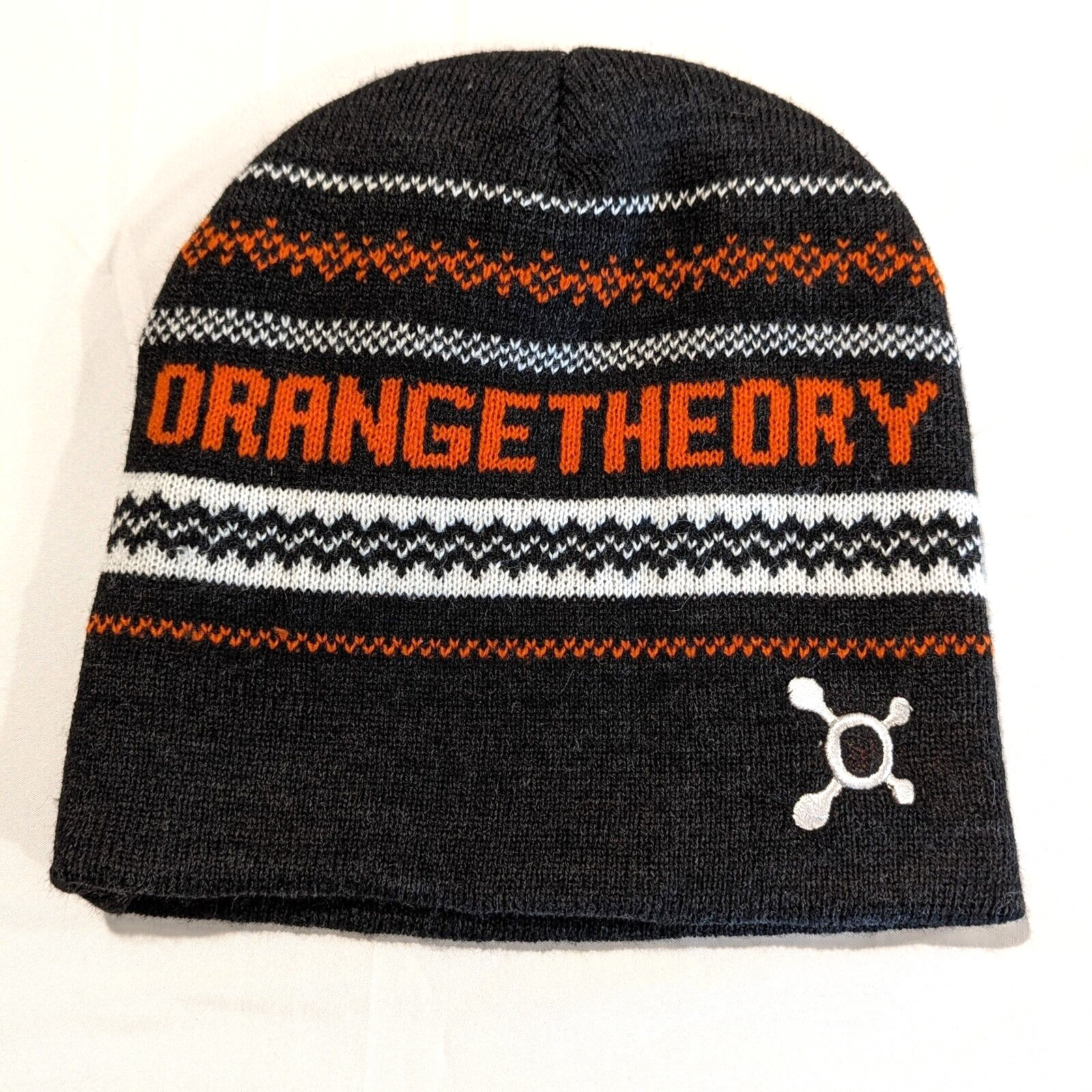 Orange Theory Fitness Winter Knitted Beanie Hat Toque Black Charcoal Gray Stripe