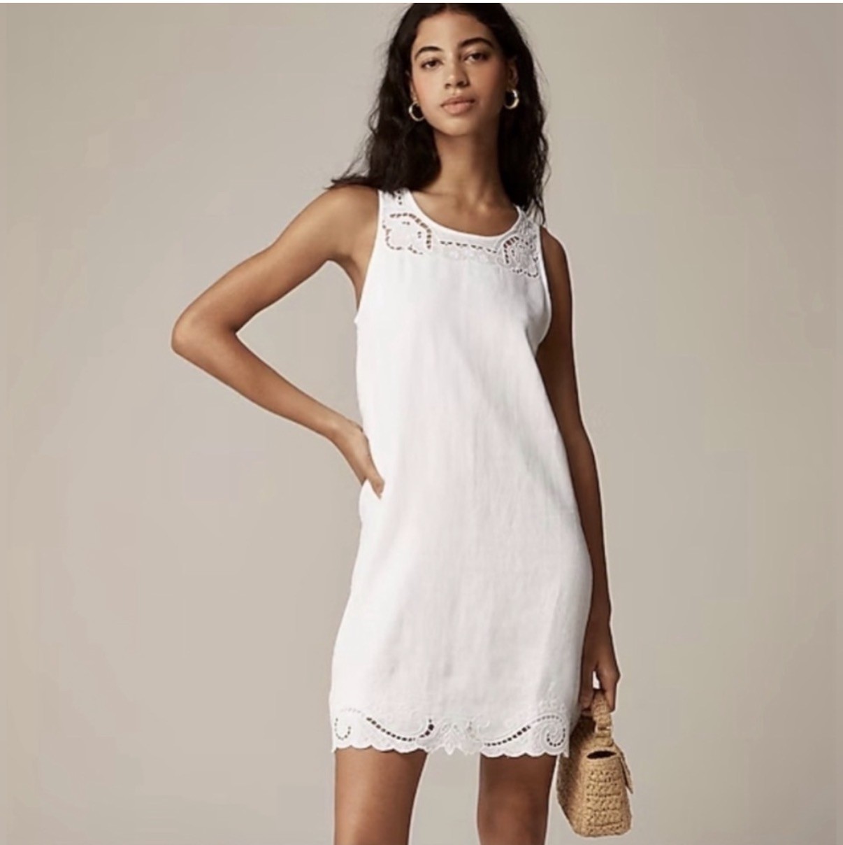 J.Crew XXS Maxine Eyelet Shift Dress in Linen, White Lined Summer Dress