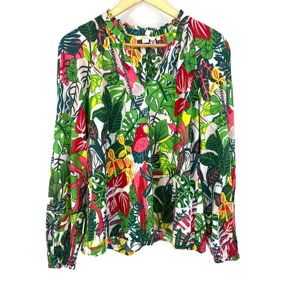 Boden Top Tropical Parrot Jungle Print Ruffle Neck Popover Blouse