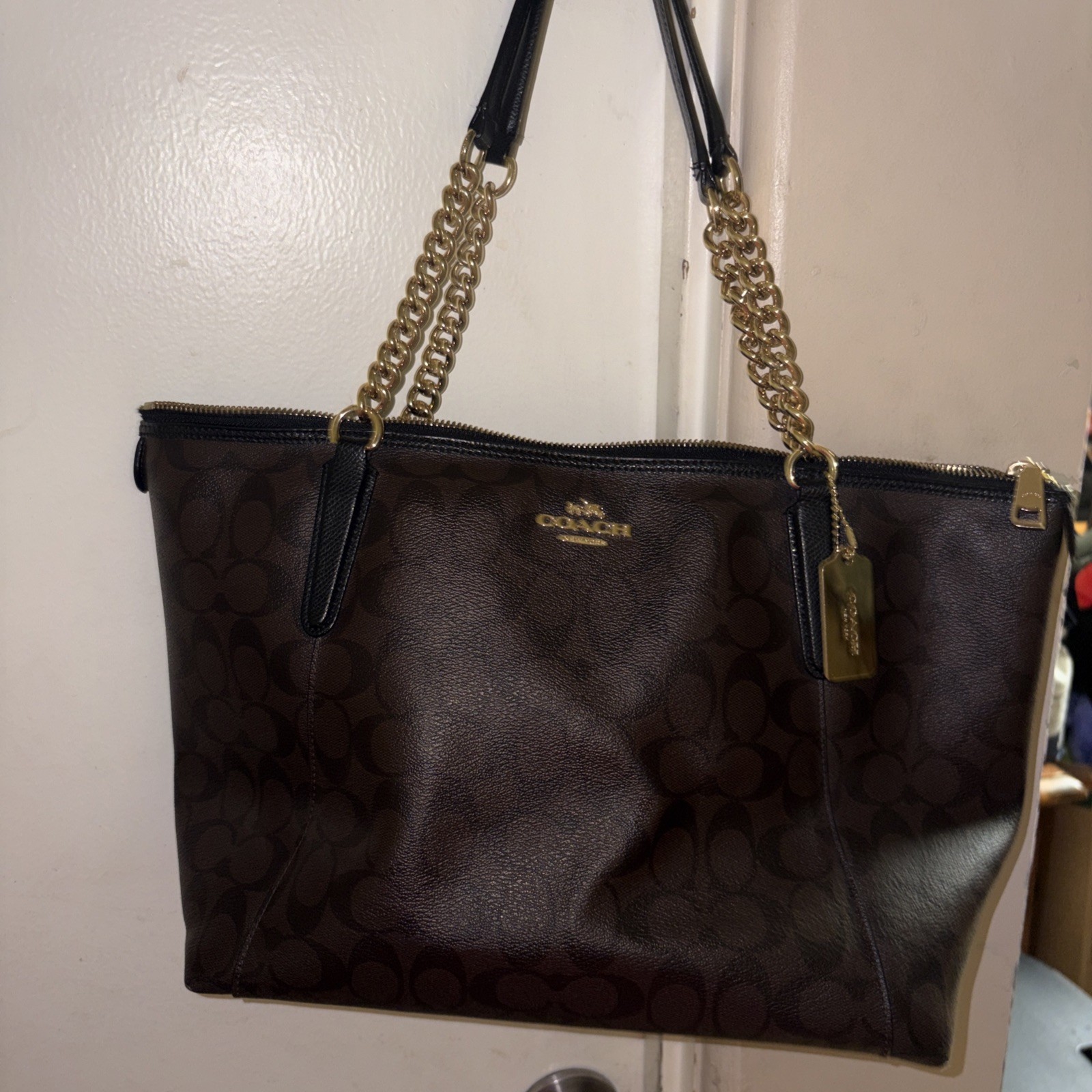 Coach Ava Chain in Signature Brown Black Shoulder Tote Bag (F37079)