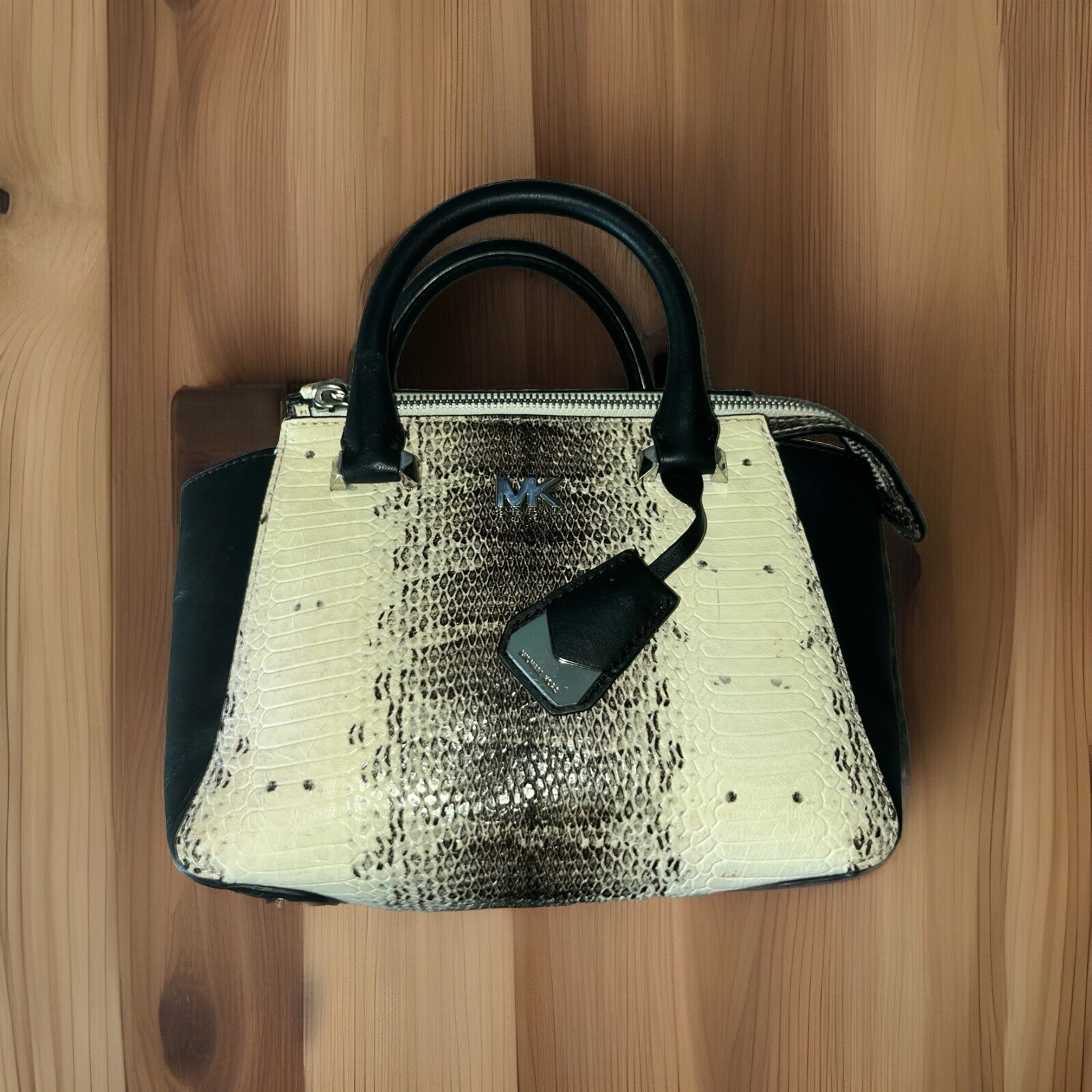 Michael Kors Nolita Mini Messenger Embossed Leather Off White Black Snakeskin