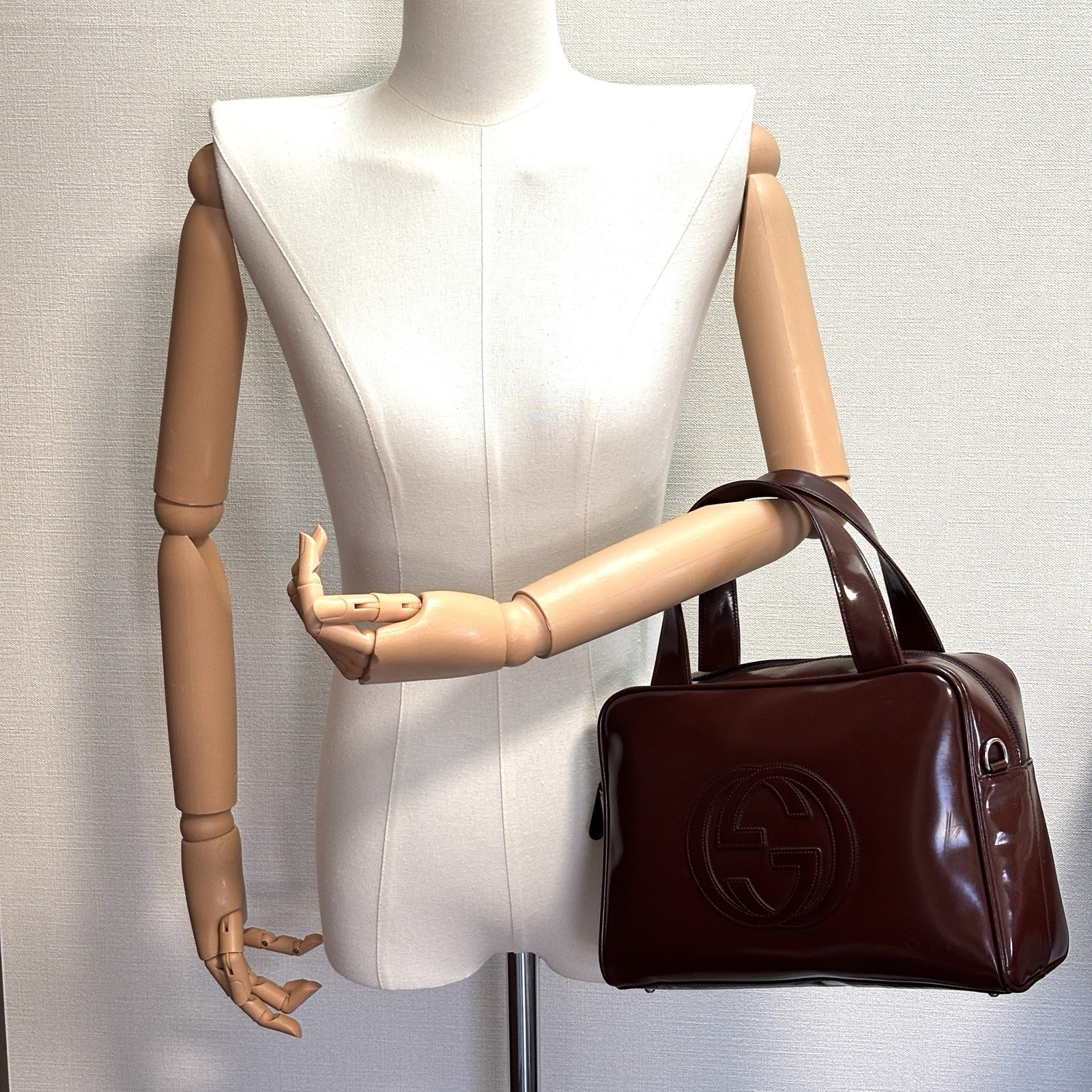 Gucci Handbag Shoulder Bag Patent Leather Interlocking G Brown Authentic