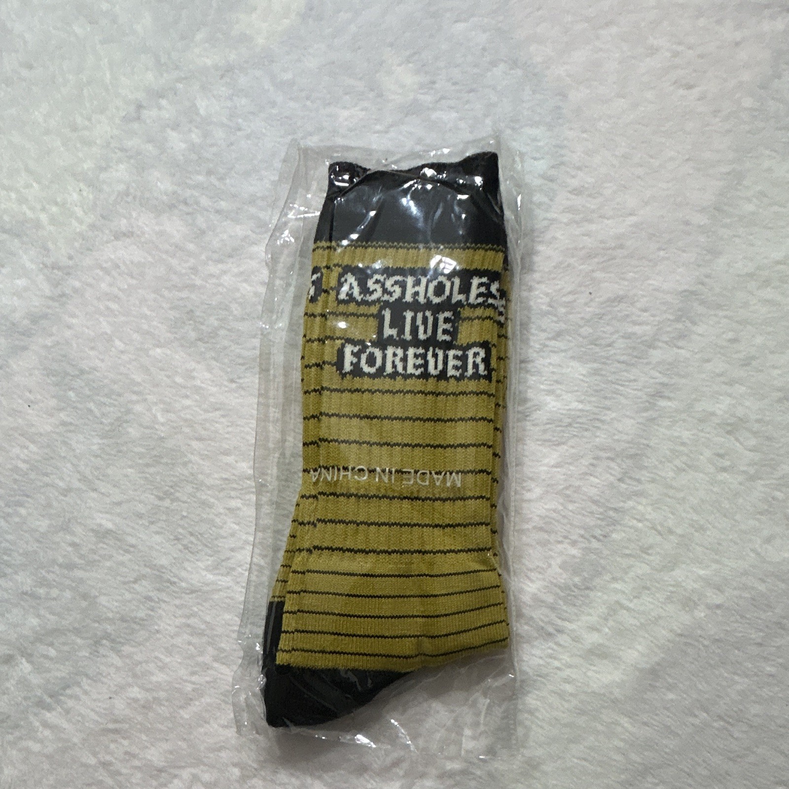 Men’s Yellow & Black Striped Novelty Socks “AS*HOLES LIVE FOREVER” 1 Pair