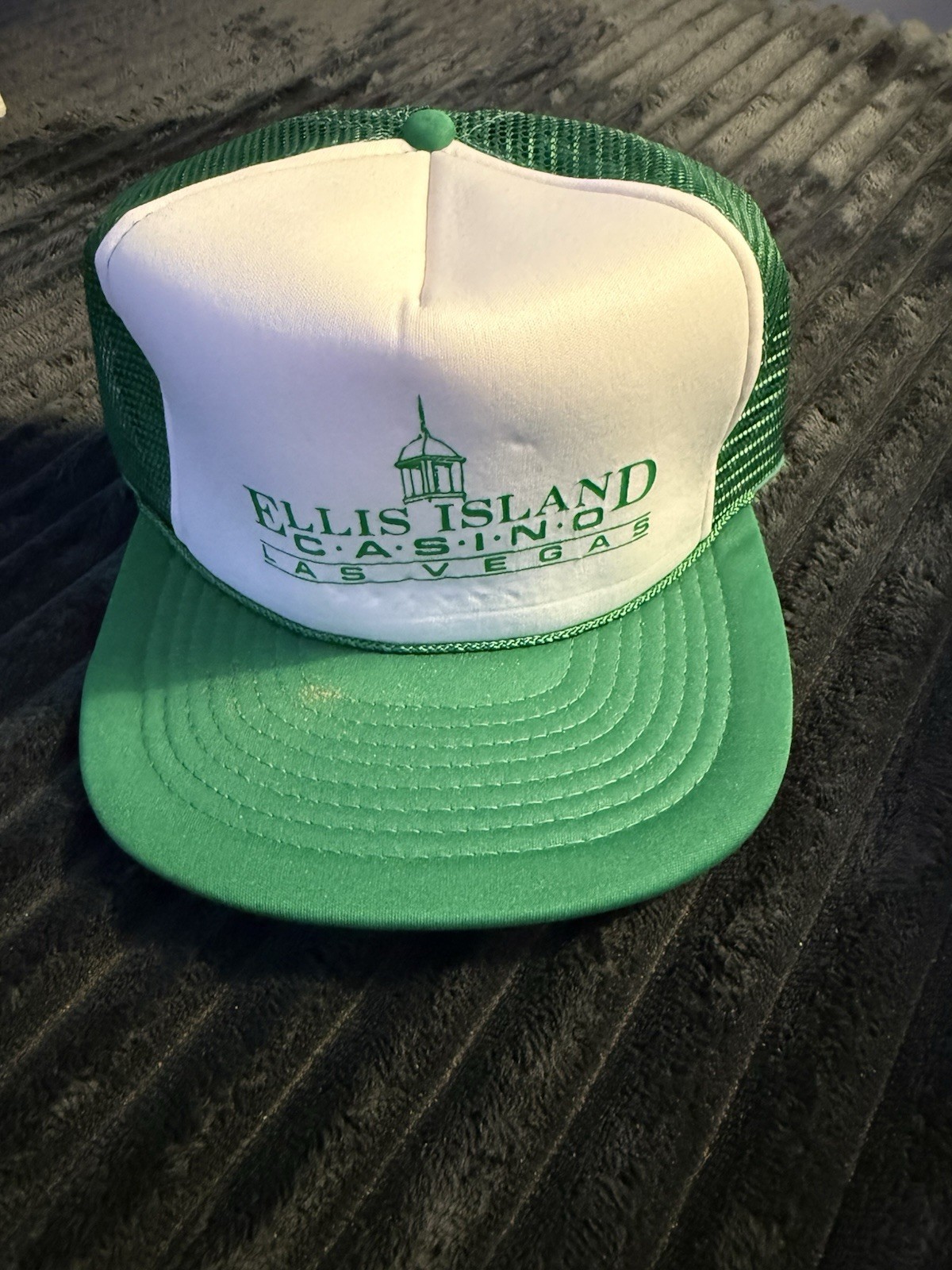 VINTAGE Green Ellis Island Casino Green/White Mesh Back Trucker Snapback